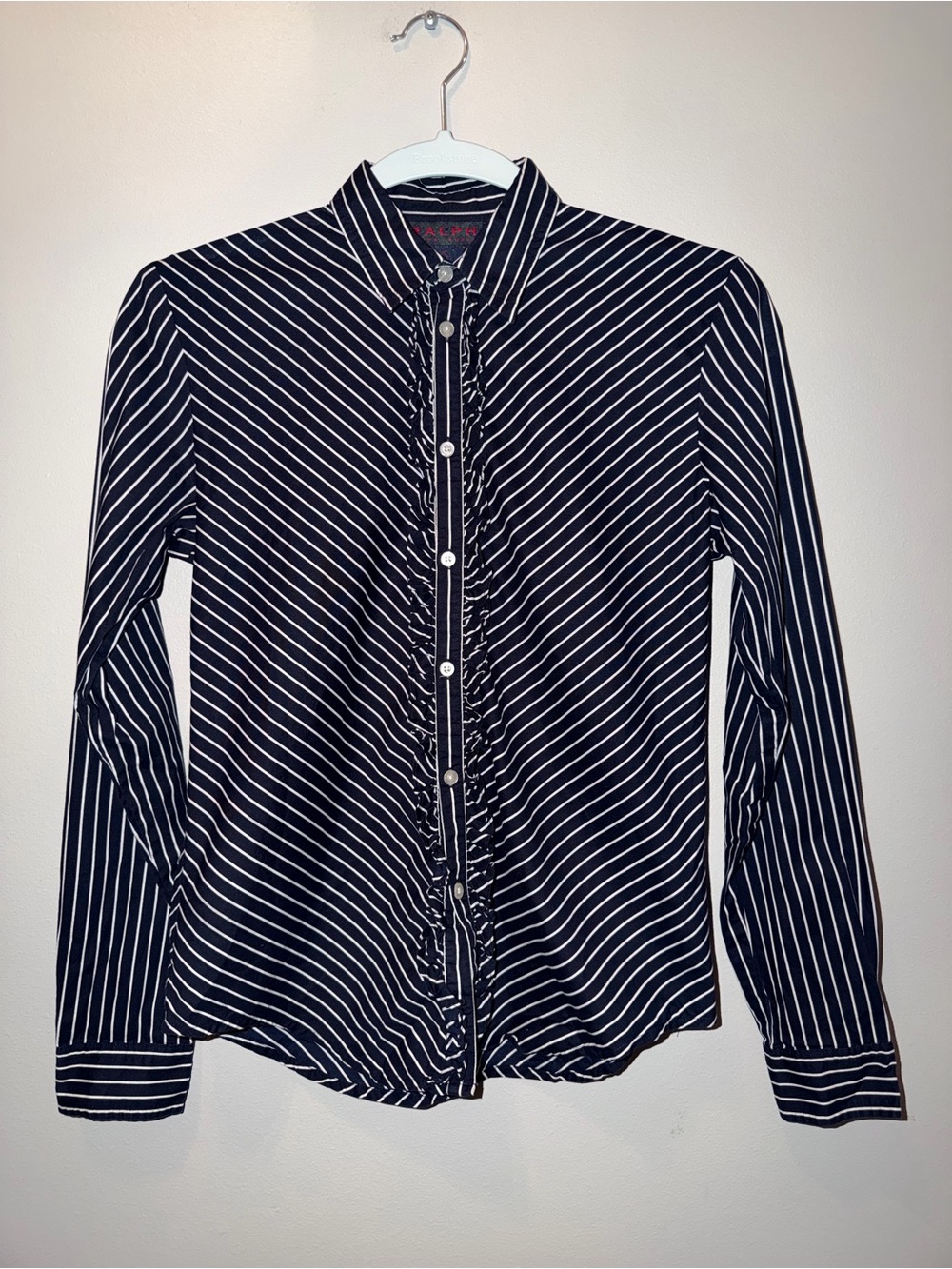 Lauren Ralph Lauren Striped Ruffle-Front Button Down Shirt Dark academia luxury